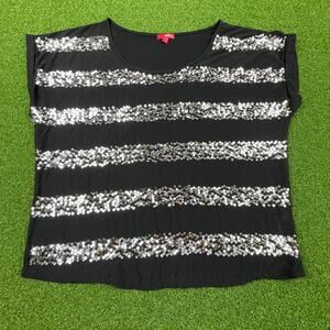 Bongo Black Silver Sequined Stripe Dolman Boxy Shirt Sz 1X